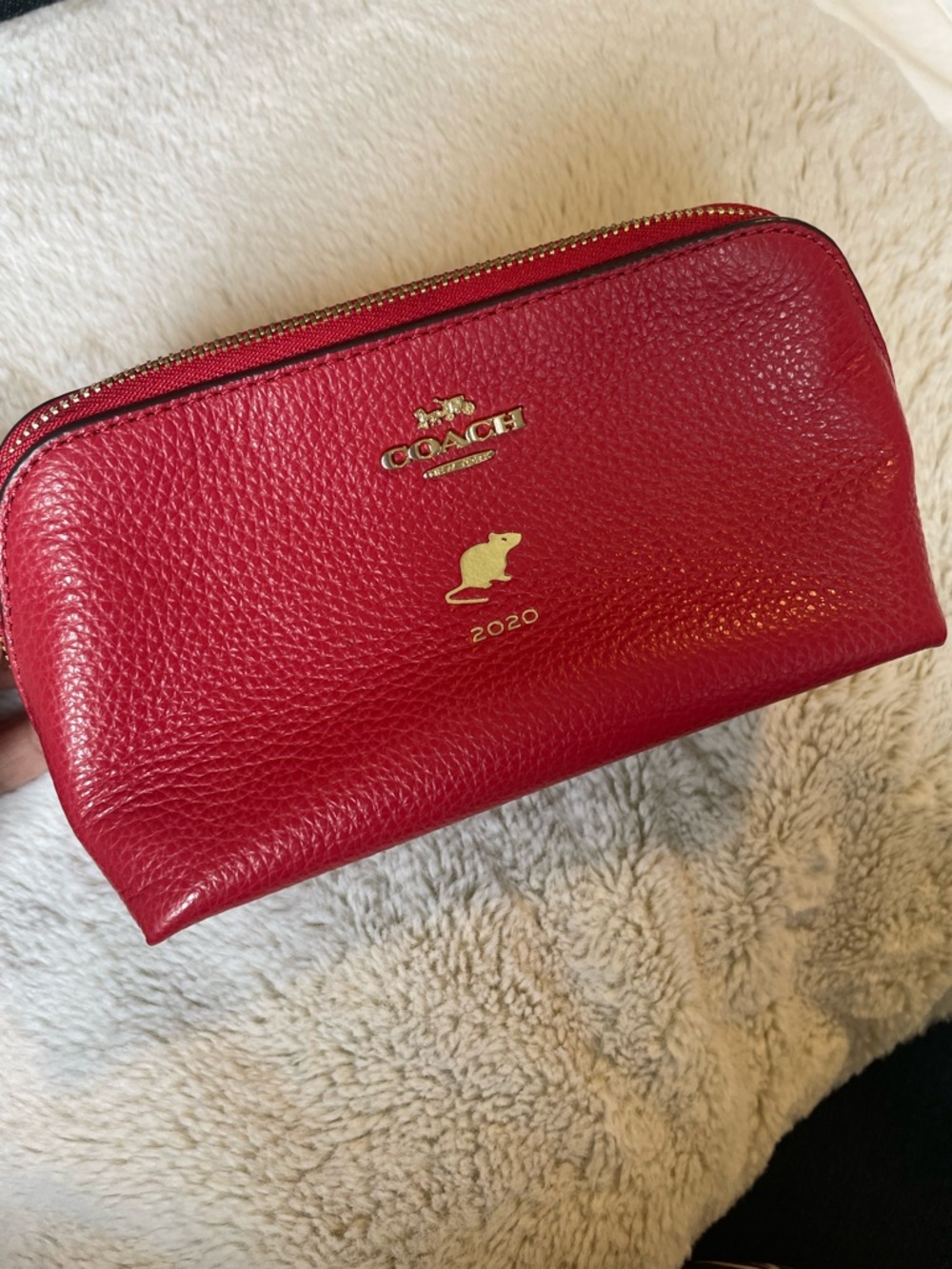 Coach 2020 Red Leather Cosmetic Pouch with Gold Logo ( Year of the rat )